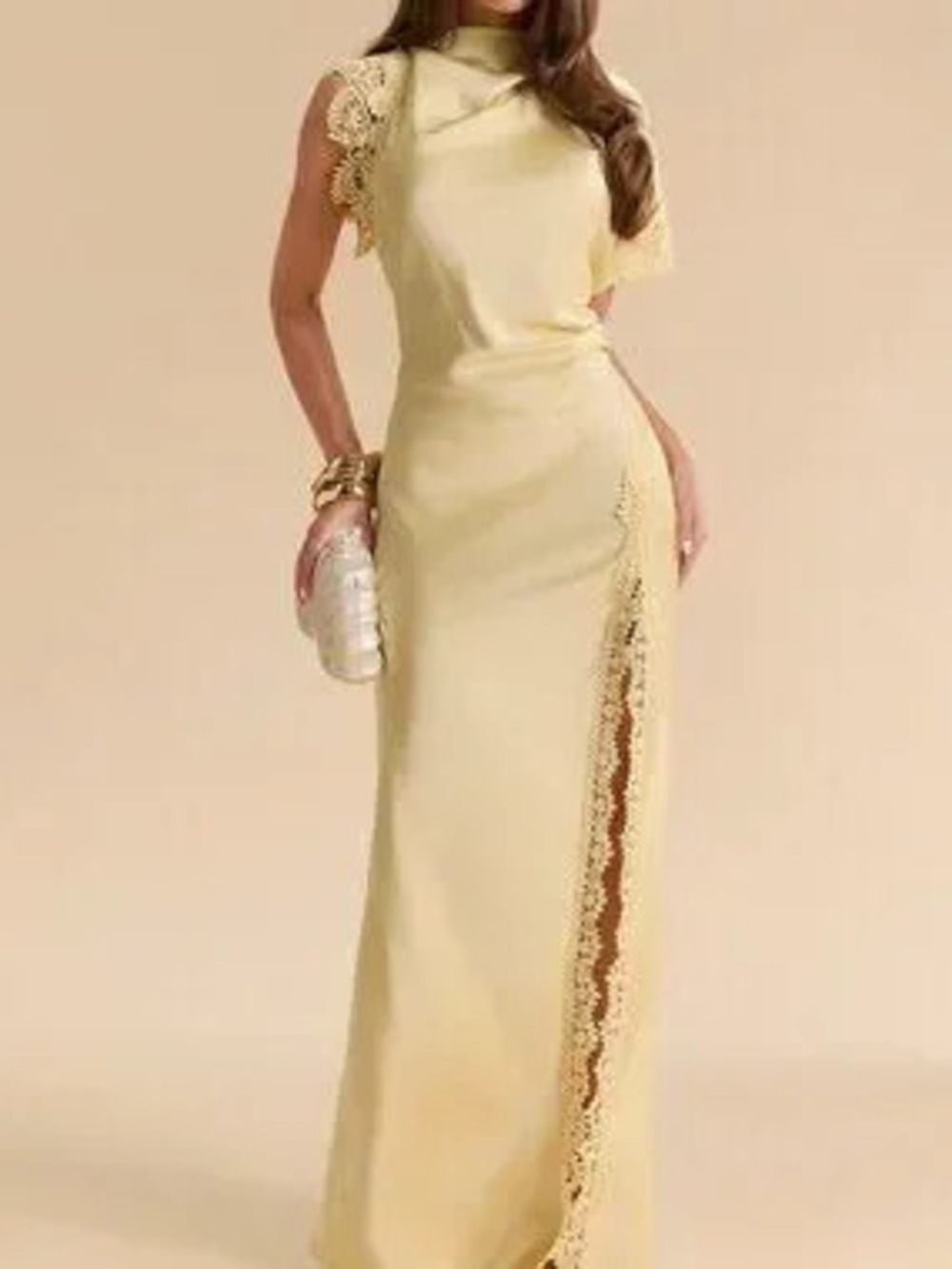 Yellow Casual Women's Mock Neck Contrast Lace Button Split Thigh Maxi Dress